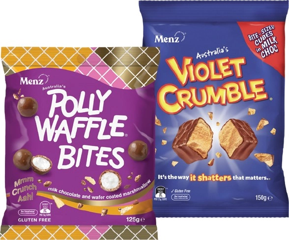 Violet Crumble 120‑150g or Polly Waffle Bites 125g Share Pack Selected Varieties