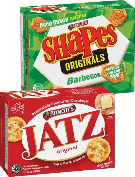 Arnott’s Shapes 130-190g, Clix 250g, Jatz or Savoy 170-225g Selected Varieties