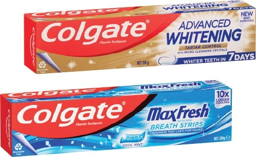 Colgate Advanced Whitening, MaxFresh, Optic White Toothpaste 120-200g, Toothbrush SlimSoft Advanced 2 Pack or Zig-Zag 6 Pack Selected Varieties