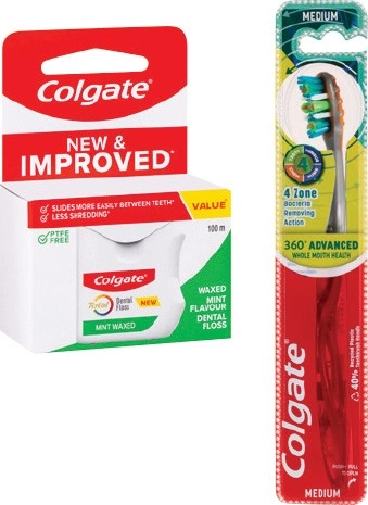 Colgate Total Dental Floss Mint Waxed 100m, 360° Advanced Medium or Slim Soft Advanced Charcoal Bristles Toothbrush 1 Pack