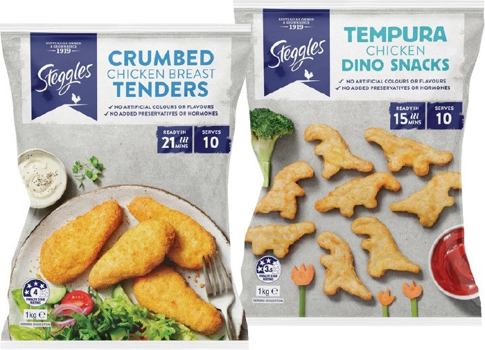 Steggles Chicken Breast Tender, Dino Snacks, Nuggets or Habanero Wing 1kg Selected Varieties