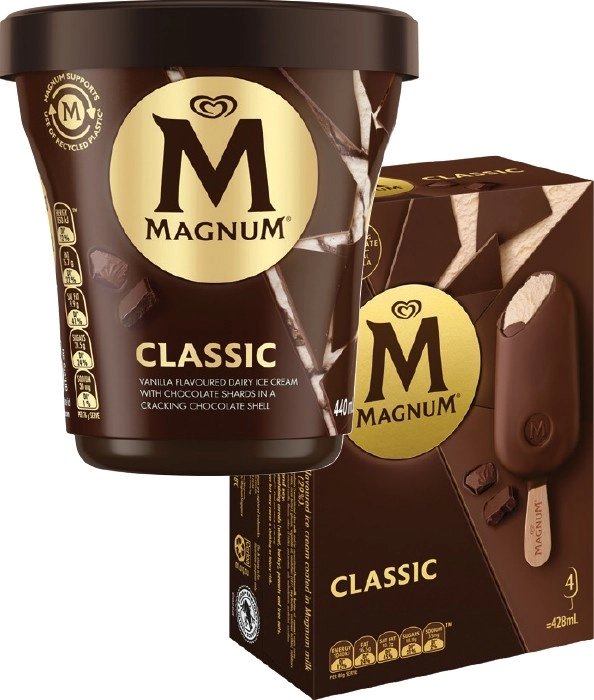 Streets Magnum Ice Cream Stick 4 Pack, Mini 6 Pack or Tub 440mL Selected Varieties