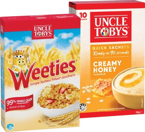 Uncle Tobys Rolled Oats Quick Sachets 8‑10 Pack or Weeties Cereal 510g Selected Varieties