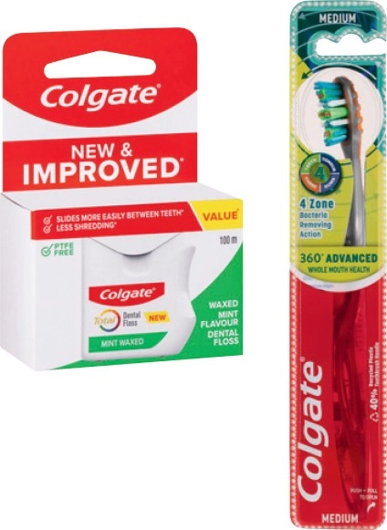 Colgate Total Dental Floss Mint Waxed 100m, Toothbrush 360°Advanced Medium or Slim Soft Advanced Charcoal Bristles 1 Pack