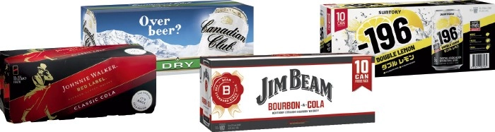 Johnnie Walker Red & Cola 4.6%, Canadian Club 4.8%, Jim Beam 4.8% or Suntory -196 6% Varieties 10 Pack