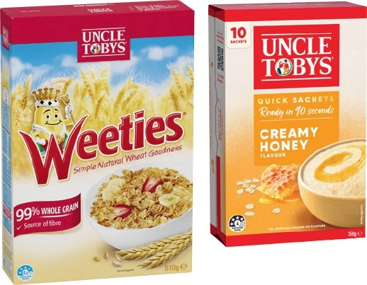 Uncle Tobys Oats Quick Sachets 10 Pack, Weeties 510g or Hi Fibre 8 Pack Selected Varieties