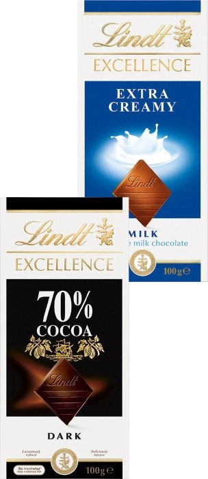 Lindt Excellence 80-100g or Lindor Chocolate Block 100g Selected Varieties