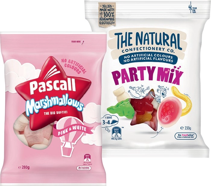 Pascall 150‑300g, The Natural Confectionery Co. 130‑230g, Sour Patch Kids 190g or Cadbury Chocolate Eclairs 160g Bags Selected Varieties