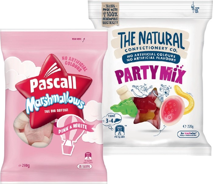 Pascall 150‑300g, The Natural Confectionery Co. 130‑230g, Sour Patch Kids 190g or Cadbury Chocolate Eclairs 160g Bags Selected Varieties