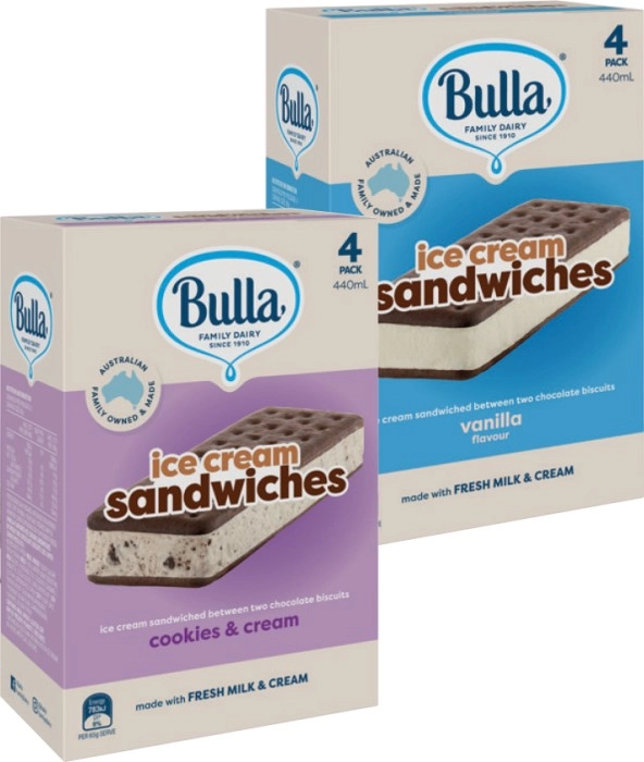 Bulla Ice Cream Sandwiches 4 Pack Selected Varieties