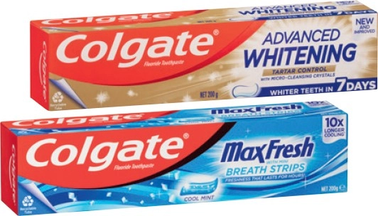 Colgate Advanced Whitening, MaxFresh, Optic White Toothpaste 120-200g, Toothbrush SlimSoft Advanced 2 Pack or Zig-Zag 6 Pack Selected Varieties