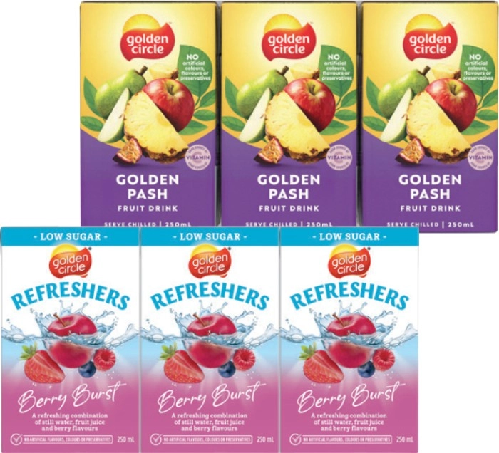 Golden Circle Fruit Drink or Low Sugar Refreshers 6x250mL Selected Varieties