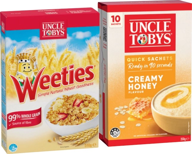 Uncle Tobys Rolled Oats Quick Sachets 8‑10 Pack or Weeties Cereal 510g Selected Varieties