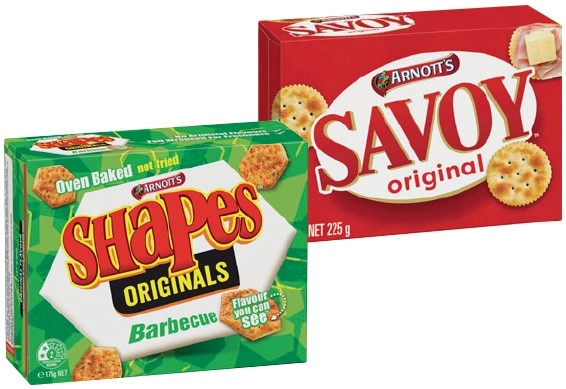 Arnott’s Shapes 130-190g, Clix 250g, Savoy or Jatz 170-225g Selected Varieties