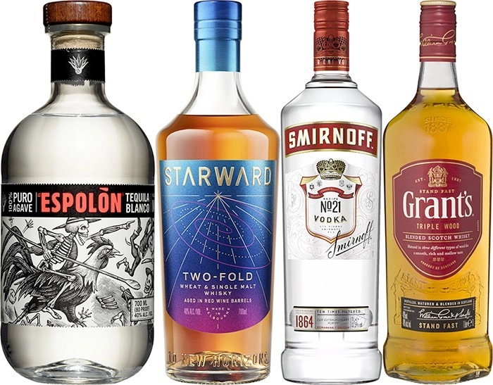 Espolòn Tequila Blanco 700mL, Starward Two-Fold Whisky 700mL, Smirnoff Vodka Red Label 1 Litre or Grant’s Scotch Whisky 1 Litre