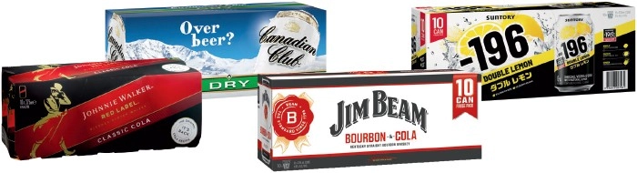 Johnnie Walker Red & Cola 4.6%, Canadian Club 4.8%, Jim Beam 4.8% or Suntory -196 6% Varieties 10 Pack