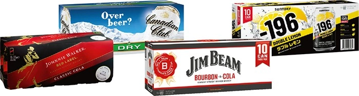 Johnnie Walker Red & Cola 4.6%, Canadian Club 4.8%, Jim Beam 4.8% or Suntory -196 6% Varieties 10 Pack