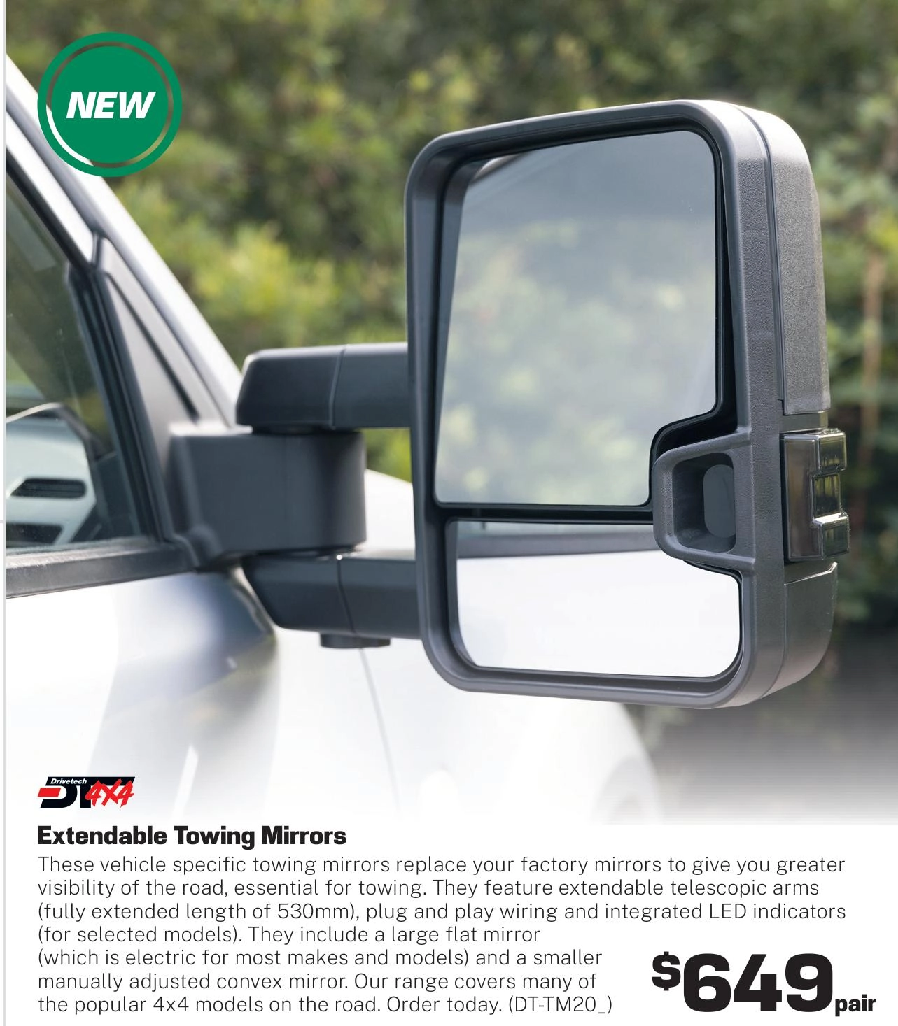 Drivetech 4X4 Extendable Towing Mirrors