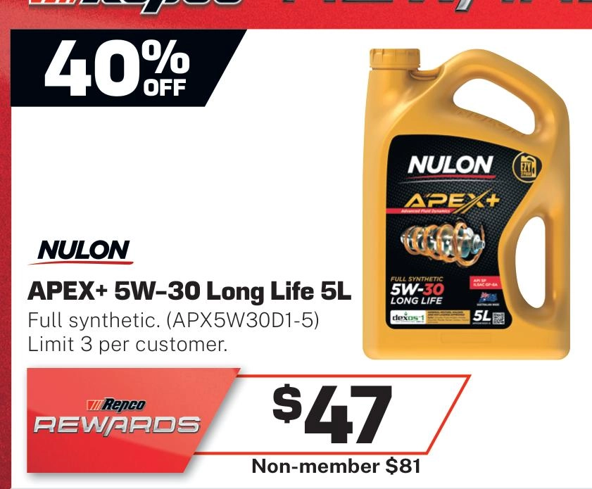 Nulon Apex+ Full Synthetic Long Life 5W-30 Engine Oil 5L - APX5W30D1-5