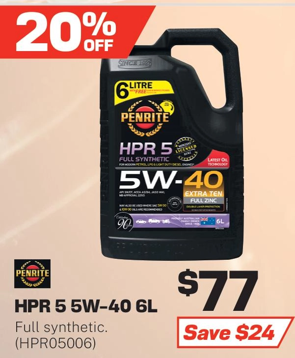 Penrite HPR 5 Full Synthetic 5W-40 Engine Oil 6L - HPR05006