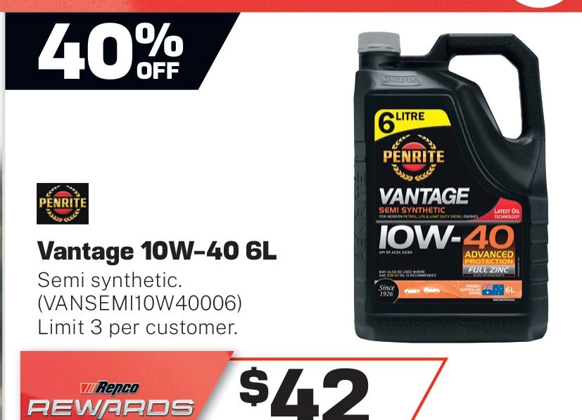 Penrite Vantage Semi Synthetic 10W-40 Engine Oil 6L - VANSEMI10W40006