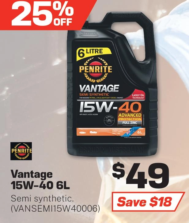 Penrite Vantage Semi Synthetic 15W-40 Engine Oil 6L - VANSEMI15W40006