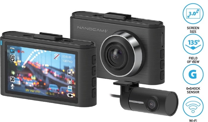 Nanocam+ 1080p Full-HD Front & Rear Dash Cam Kit with 3” IPS Screen & Wi-Fi