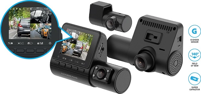 Nanocam+ 3 Channel Front, Rear, and In-Cabin FHD Dash Camera with GPS, Wi-Fi & DMS