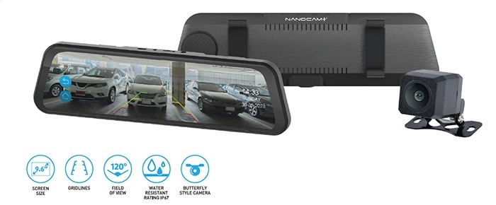 Nanocam+ 9.66” Touch Screen Rear DVR Mirror Monitor with Voice Control, ADAS and 1080p Rear Camera^