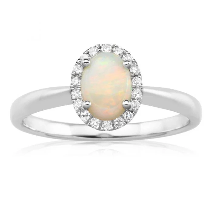 9ct White Gold 0.45ct Natural White Opal and Diamond Halo Ring – Shiels Jewellers