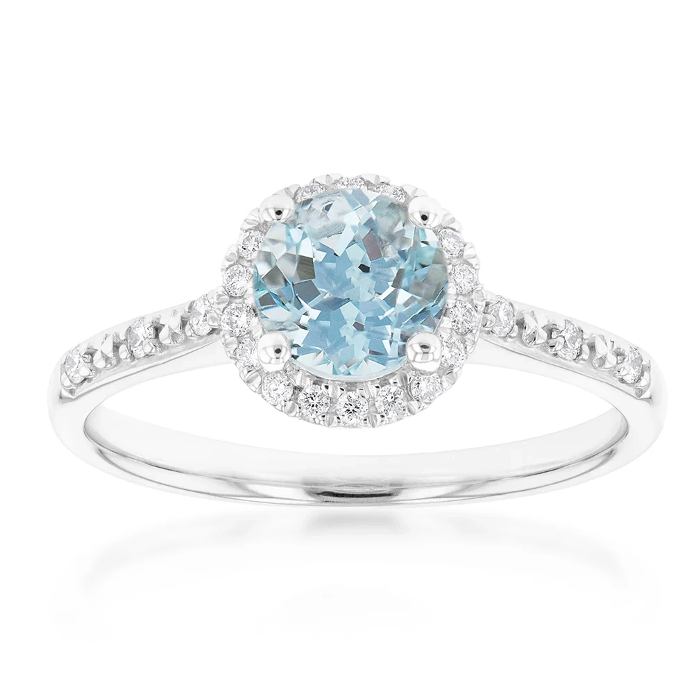 9ct White Gold 0.75ct Aquamarine and 1/10 Carat Diamond Halo Ring – Shiels Jewellers