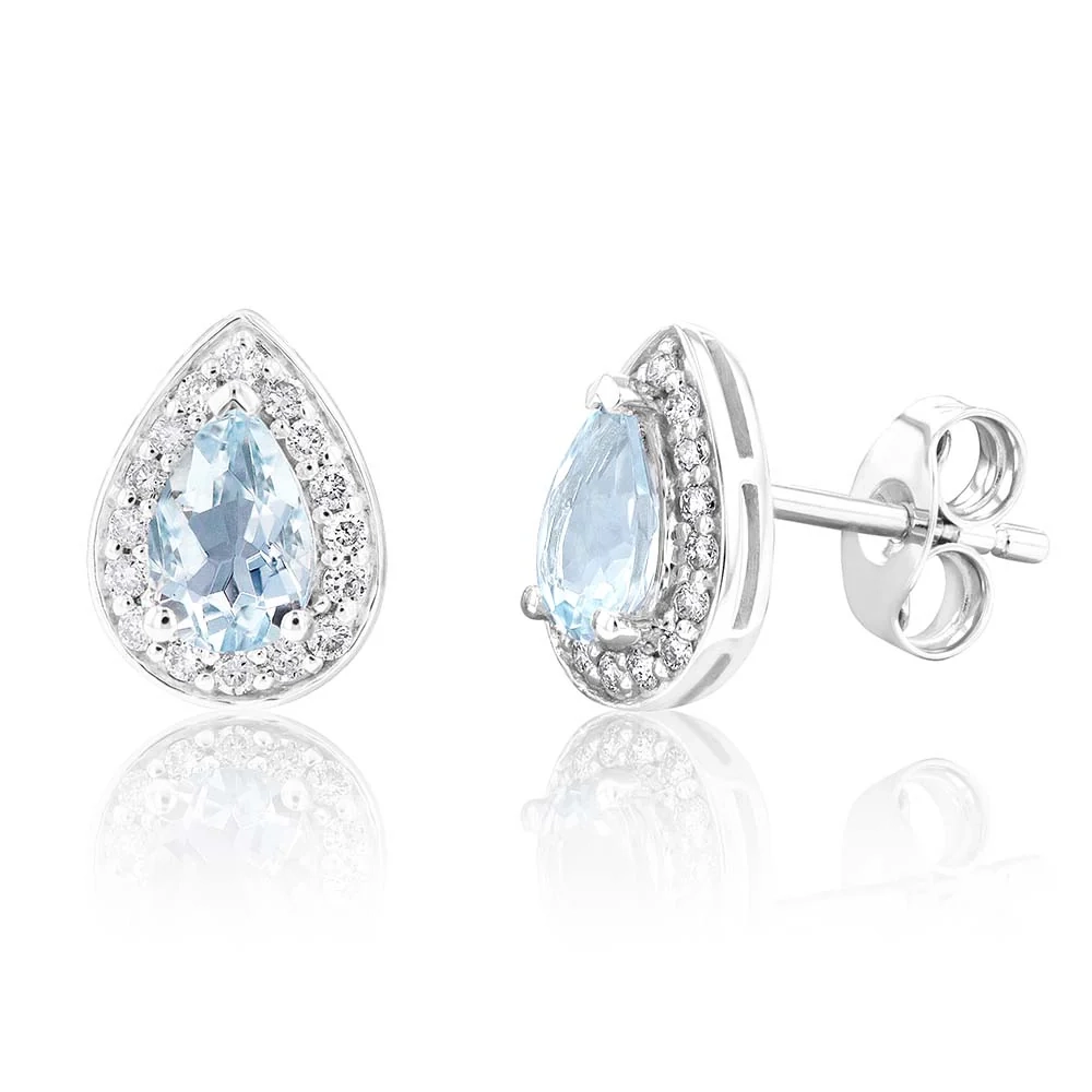 9ct White Gold 1/3ct Aquamarine and 0.15 Carat Diamond Pear Halo Stud  – Shiels Jewellers