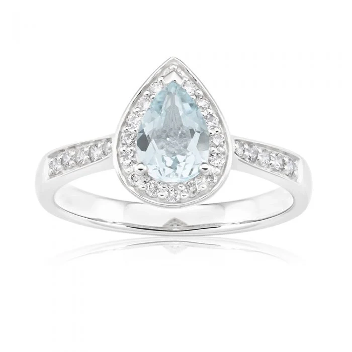 9ct White Gold Pear Cut 0.65ct Aquamarine 0.20 Carat Diamond Ring – Shiels Jewellers