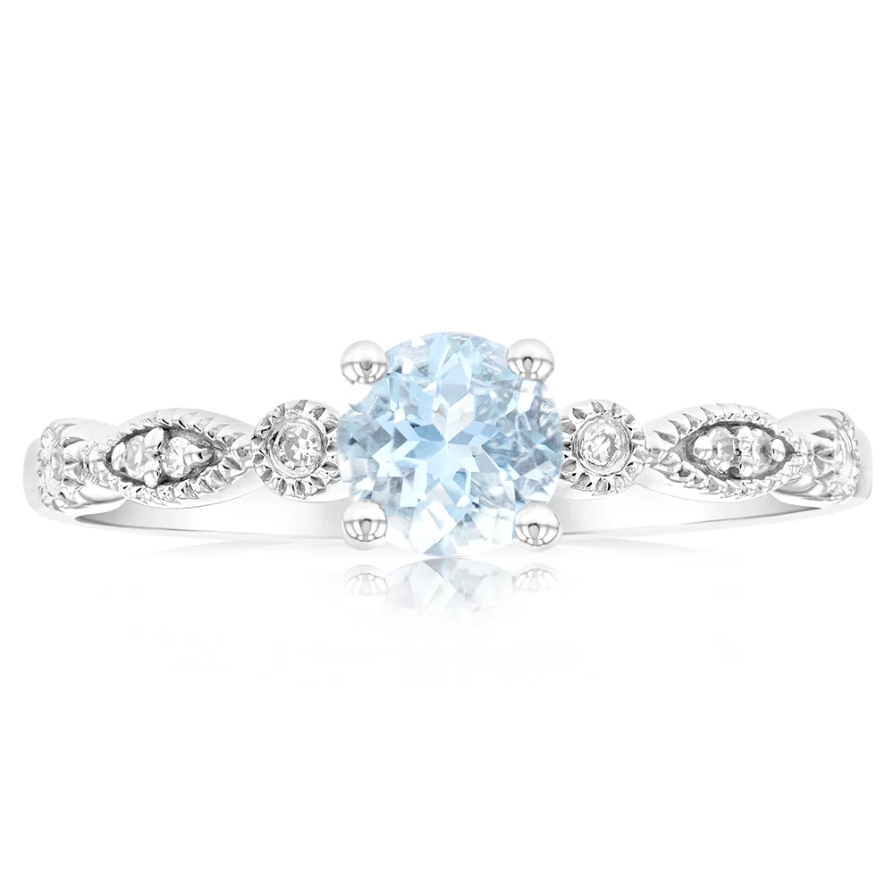 9ct White Gold Round Cut 0.45ct Aquamarine and Diamond Ring – Shiels Jewellers