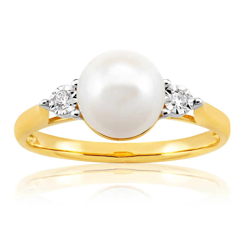 9ct Yellow Gold Magnificent 2 Diamonds + Pearl Ring – Shiels Jewellers