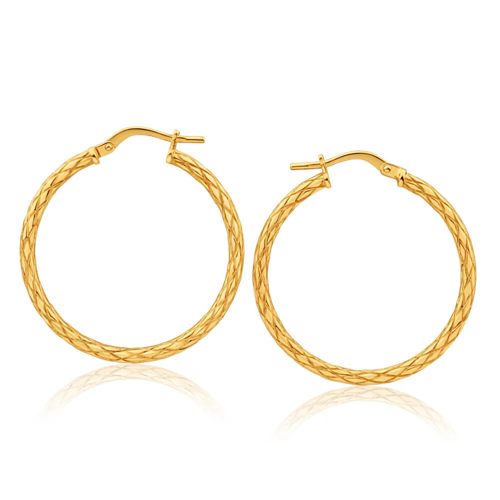 9ct Yellow Gold Silver Filled Patterned 25mm Hoop Earrings – Shiels Jewellers