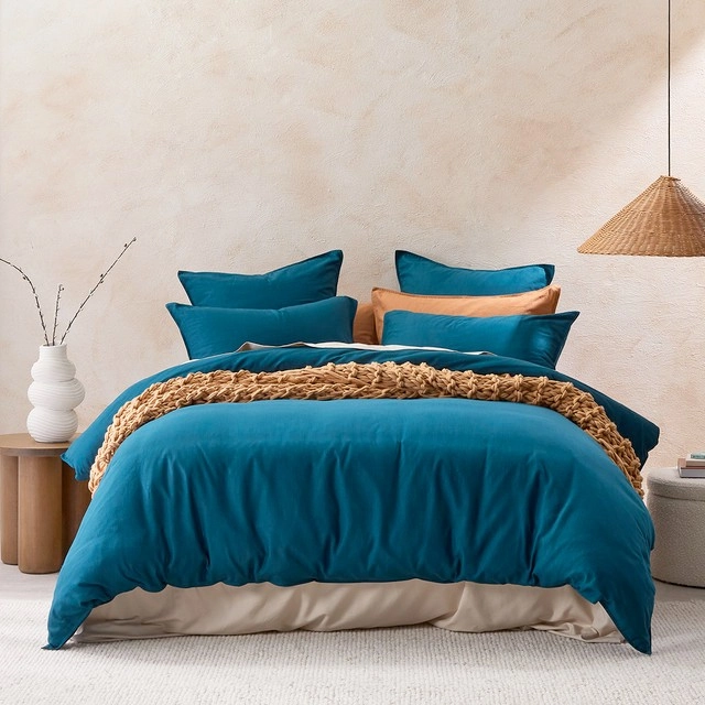 Washed Linen Look Petrol Blue Quilt Cover Set by Essentials