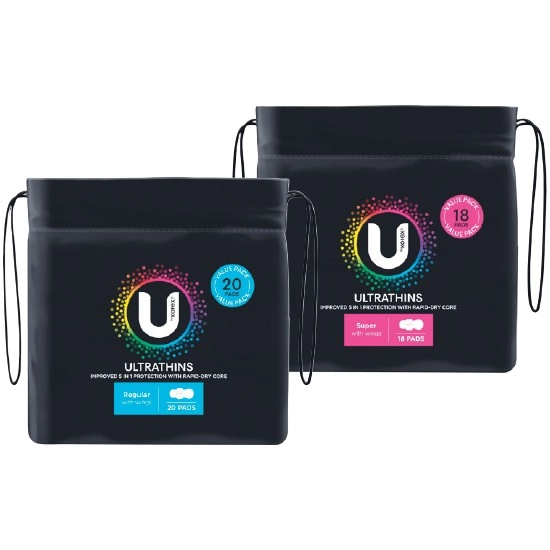 U by Kotex Ultrathins Pads with Wings Regular or Super Pk 18-20