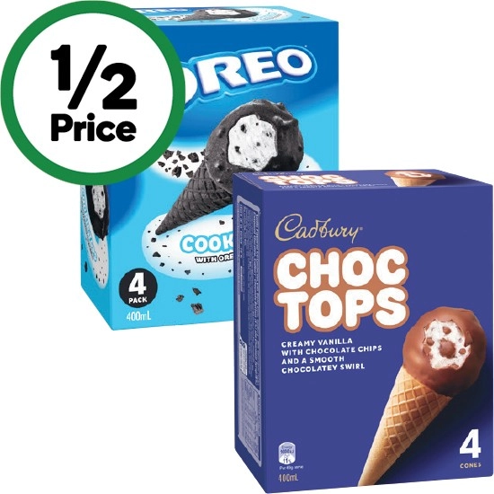 Cadbury Choc Top or Oreo Cookie Top Ice Cream Cones 400ml Pk 4 – From the Freezer