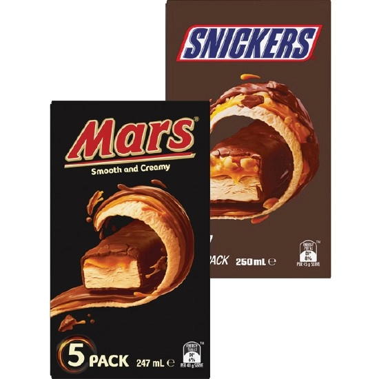 Mars or Snickers Frozen Dessert Bars 247-250ml Pk 5