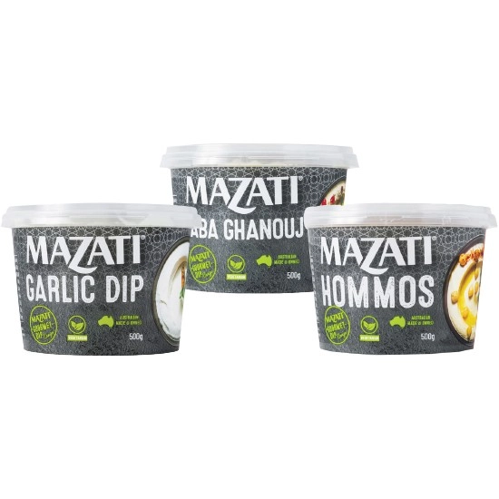 Mazati Garlic Dip, Baba Ghanouj Dip or Hommus 500g – From the Fridge