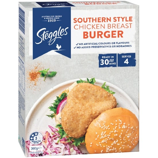 Steggles Southern Style Chicken Burger 360g – From the Freezer