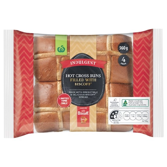 Woolworths Indulgent Biscoff® Filled Hot Cross Buns Pk 4