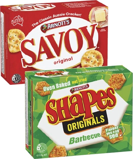 Arnott's Shapes or Savoy Crackers 130g-225g