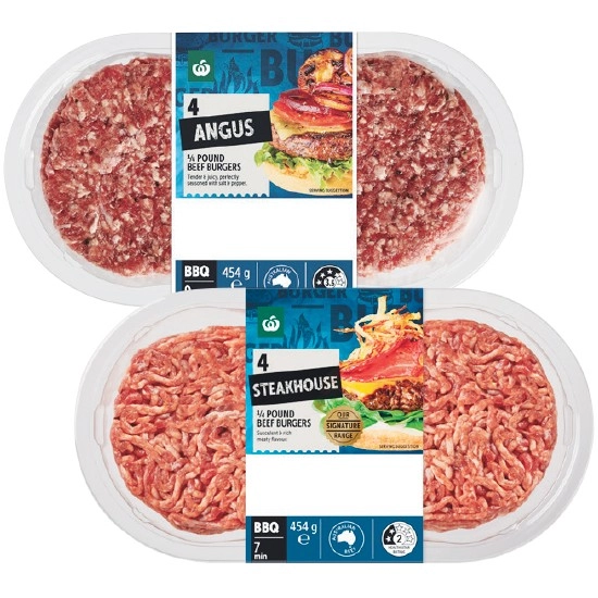 Woolworths Australian Beef Burger Quarter Pound Varieties 454g Pk 4