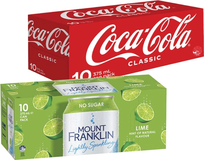 Coca-Cola, Fanta or Sprite Soft Drink or Mt Franklin Lightly Sparkling Water Cans 10x375mL