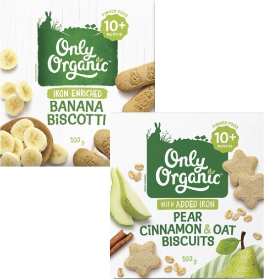 Only Organic Banana Biscotti or Pear, Cinnamon & Oat Biscuits 100g