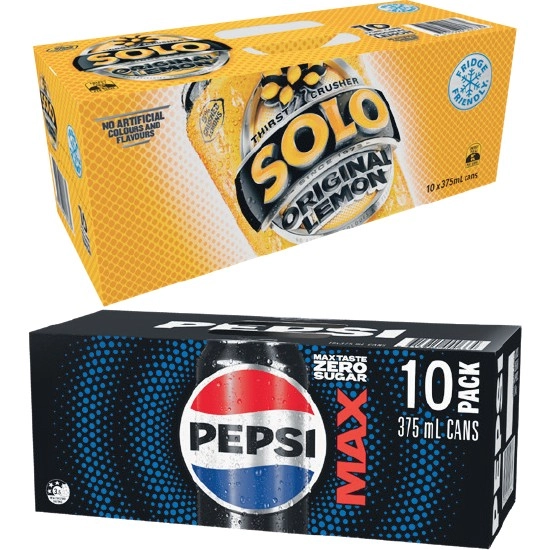 Pepsi, Solo, Mountain Dew or Schweppes Lemonade Soft Drink Varieties 10 x 375ml