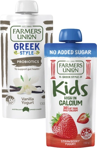 Farmers Union Greek Style or Kids No Added Sugar Yogurt Pouch 130g