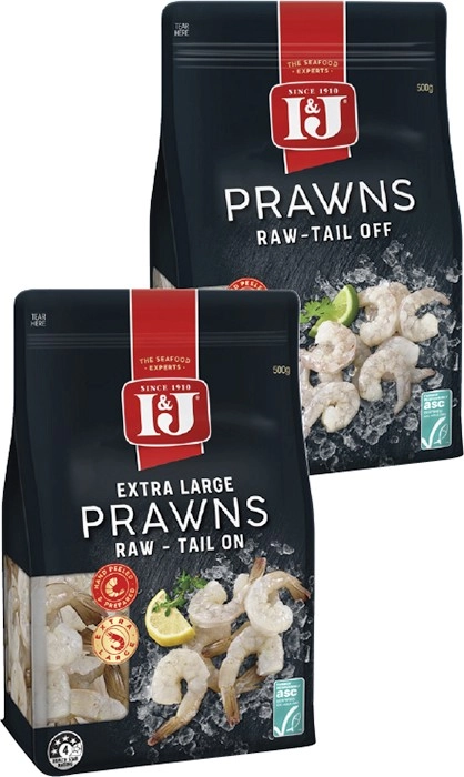 I&J Frozen Raw Prawns Tail On or Tail Off 500g